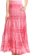 Sakkas Gracie Crochet Lace Tiered Long Cotton Skirt with Fold-Over Waistband
