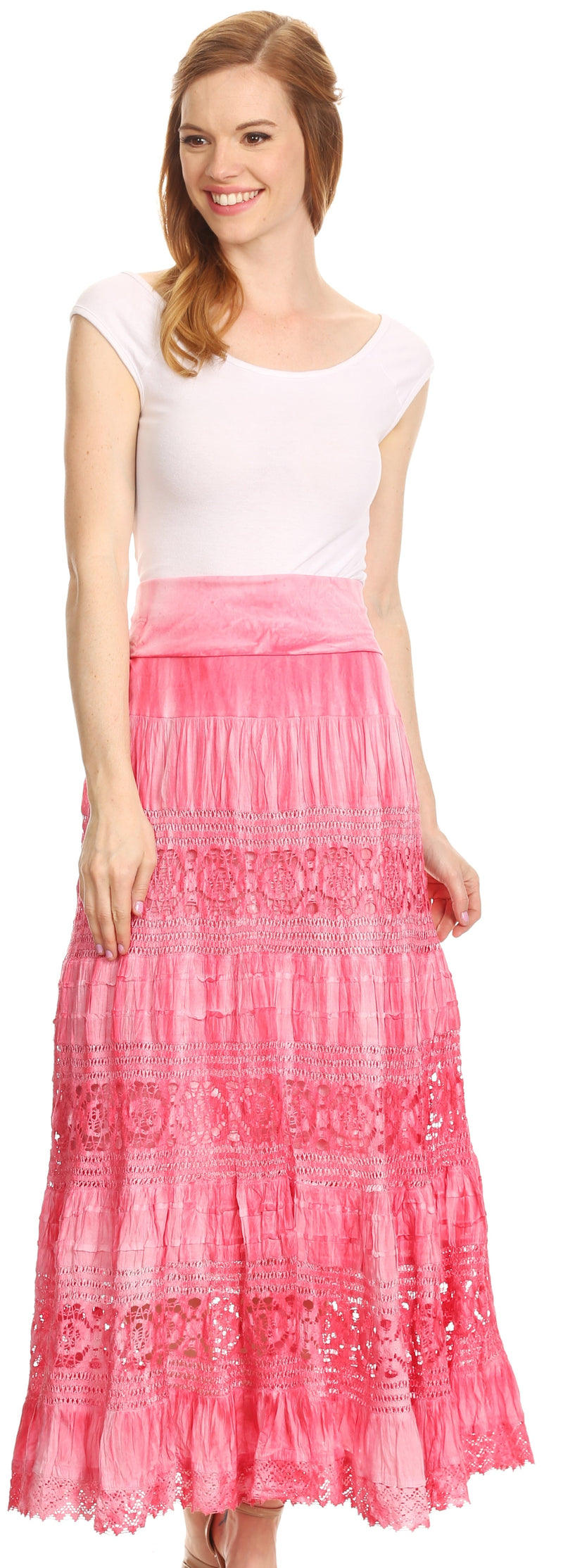 Sakkas Gracie Crochet Lace Tiered Long Cotton Skirt with Fold-Over Waistband