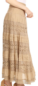 Sakkas Gracie Crochet Lace Tiered Long Cotton Skirt with Fold-Over Waistband