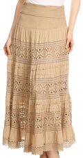 Sakkas Gracie Crochet Lace Tiered Long Cotton Skirt with Fold-Over Waistband#color_LightBrown