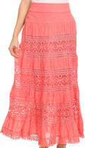 Sakkas Gracie Crochet Lace Tiered Long Cotton Skirt with Fold-Over Waistband#color_Melon