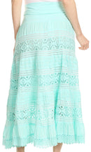 Sakkas Gracie Crochet Lace Tiered Long Cotton Skirt with Fold-Over Waistband