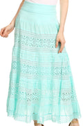 Sakkas Gracie Crochet Lace Tiered Long Cotton Skirt with Fold-Over Waistband#color_Mint