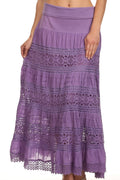 Sakkas Gracie Crochet Lace Tiered Long Cotton Skirt with Fold-Over Waistband#color_Purple