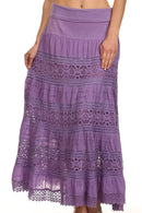 Sakkas Gracie Crochet Lace Tiered Long Cotton Skirt with Fold-Over Waistband