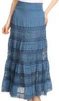 Sakkas Gracie Crochet Lace Tiered Long Cotton Skirt with Fold-Over Waistband#color_SlateBlue