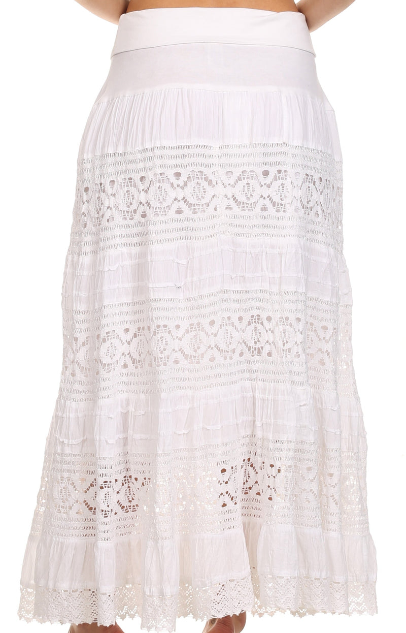 Sakkas Gracie Crochet Lace Tiered Long Cotton Skirt with Fold-Over Waistband