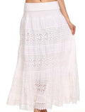 Sakkas Gracie Crochet Lace Tiered Long Cotton Skirt with Fold-Over Waistband#color_White