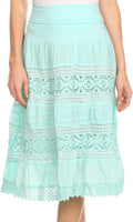 Sakkas Stephanie Crochet Lace Knee-Length Cotton Skirt with Fold-Over Waistband#color_Aqua