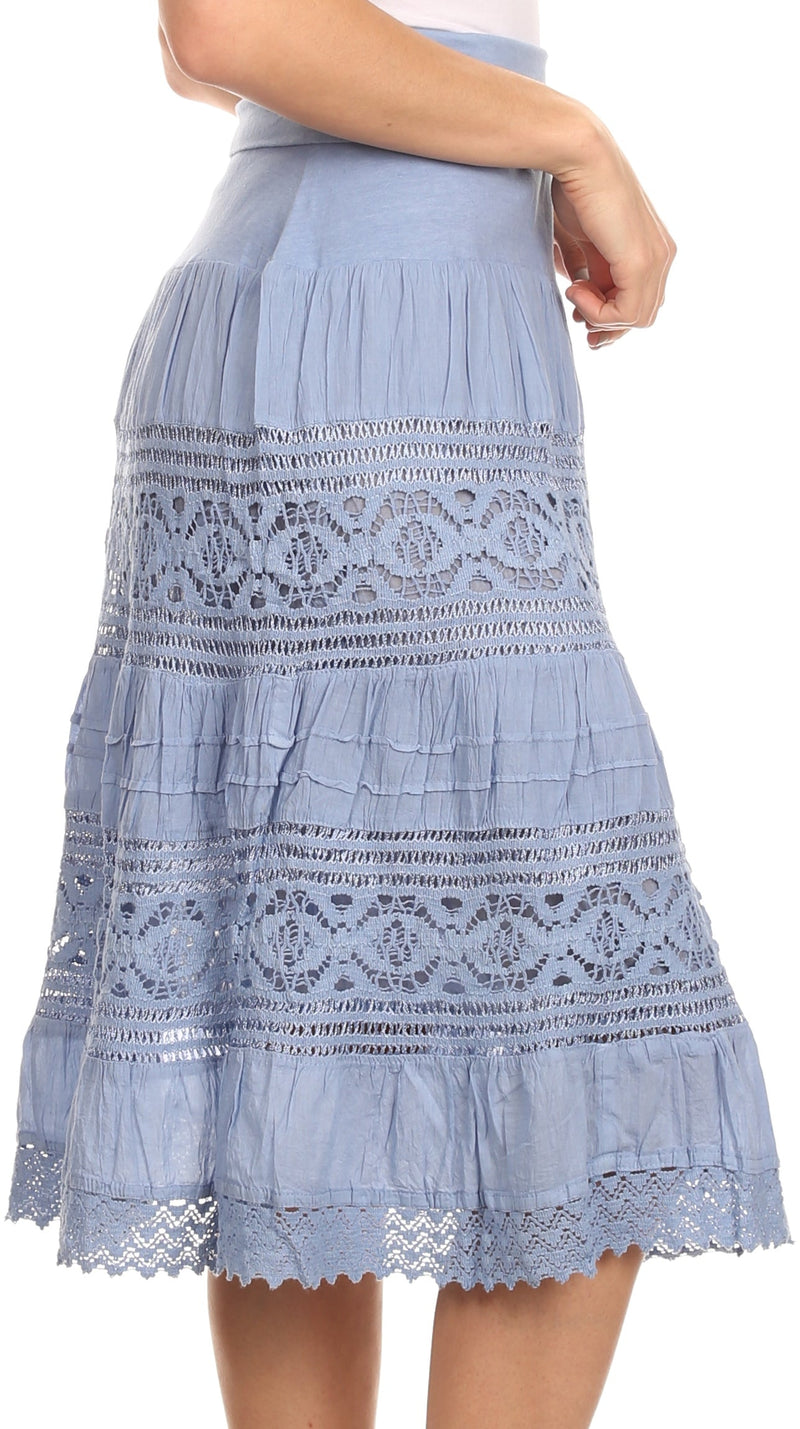 Sakkas Stephanie Crochet Lace Knee-Length Cotton Skirt with Fold-Over Waistband