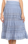 Sakkas Stephanie Crochet Lace Knee-Length Cotton Skirt with Fold-Over Waistband#color_DustyBlue