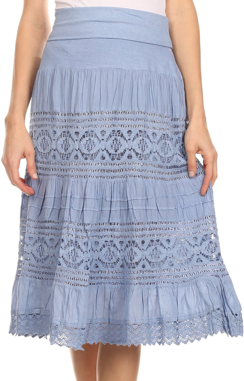 Sakkas Stephanie Crochet Lace Knee-Length Cotton Skirt with Fold-Over Waistband