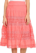 Sakkas Stephanie Crochet Lace Knee-Length Cotton Skirt with Fold-Over Waistband#color_Melon