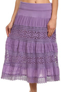 Sakkas Stephanie Crochet Lace Knee-Length Cotton Skirt with Fold-Over Waistband#color_Purple