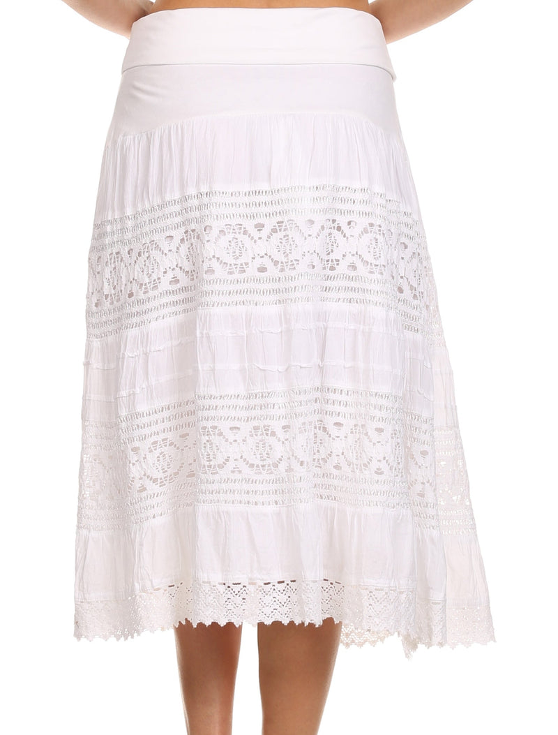 Sakkas Stephanie Crochet Lace Knee-Length Cotton Skirt with Fold-Over Waistband