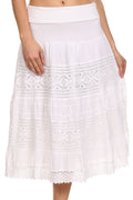 Sakkas Stephanie Crochet Lace Knee-Length Cotton Skirt with Fold-Over Waistband#color_ White