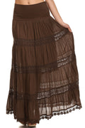 Sakkas Cassie Crochet Lace Trim Long Skirt With Fold-Over High Waistband#color_Brown