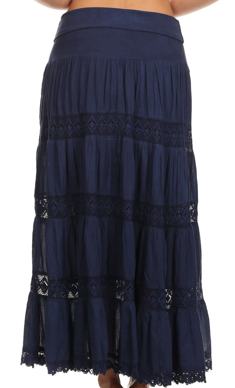 Sakkas Cassie Crochet Lace Trim Long Skirt With Fold-Over High Waistband