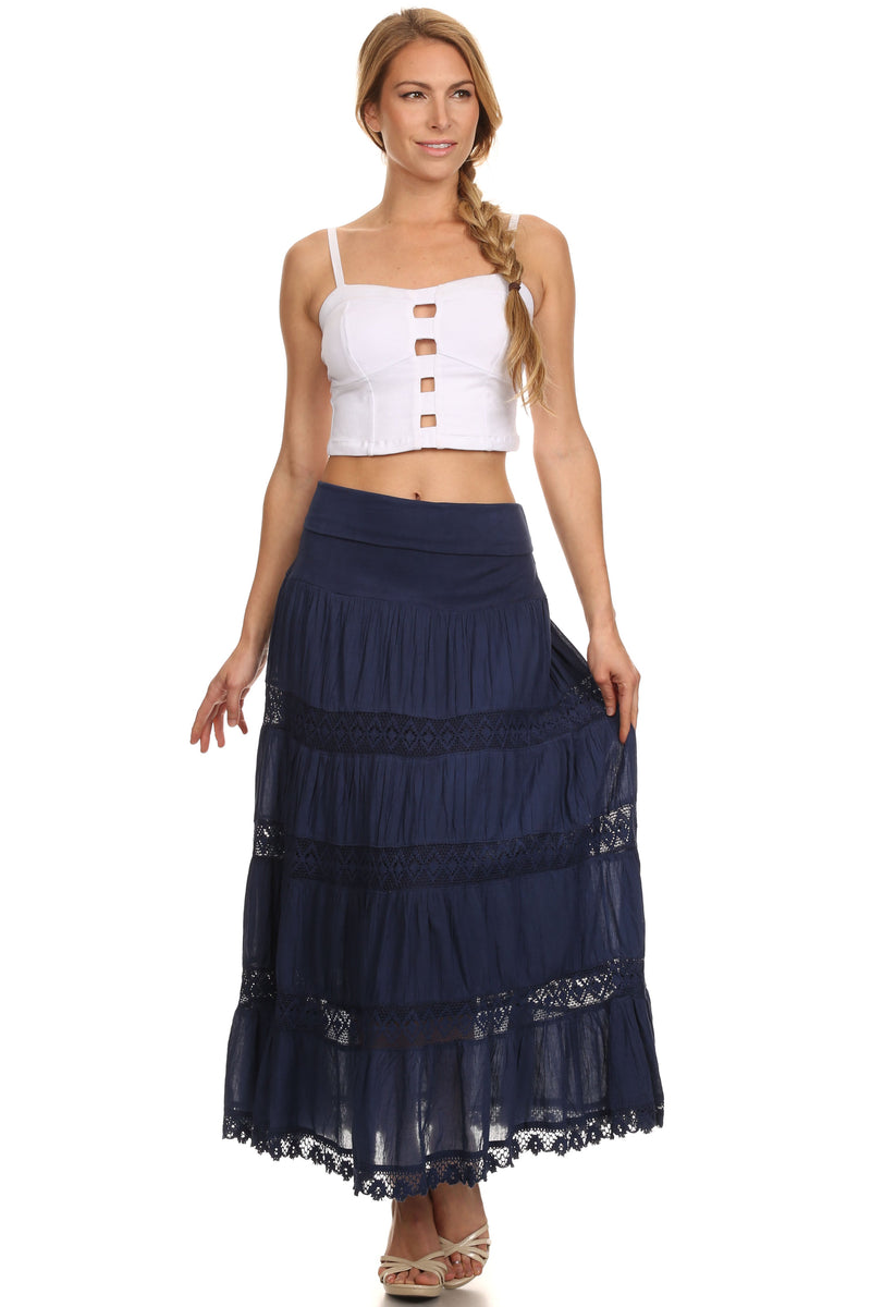 Sakkas Cassie Crochet Lace Trim Long Skirt With Fold-Over High Waistband