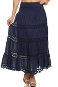 Sakkas Cassie Crochet Lace Trim Long Skirt With Fold-Over High Waistband#color_Navy