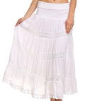 Sakkas Cassie Crochet Lace Trim Long Skirt With Fold-Over High Waistband#color_White