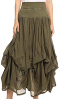 Sakkas Lucia Womens Bohemian Gypsy Convertible Fold Over Waist Skirt Flare Long#color_Olive 