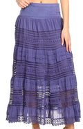 Sakkas Dollra Long Tall Crochet Embroidered Adjustable Waist Ruffle Flare Skirt #color_Navy