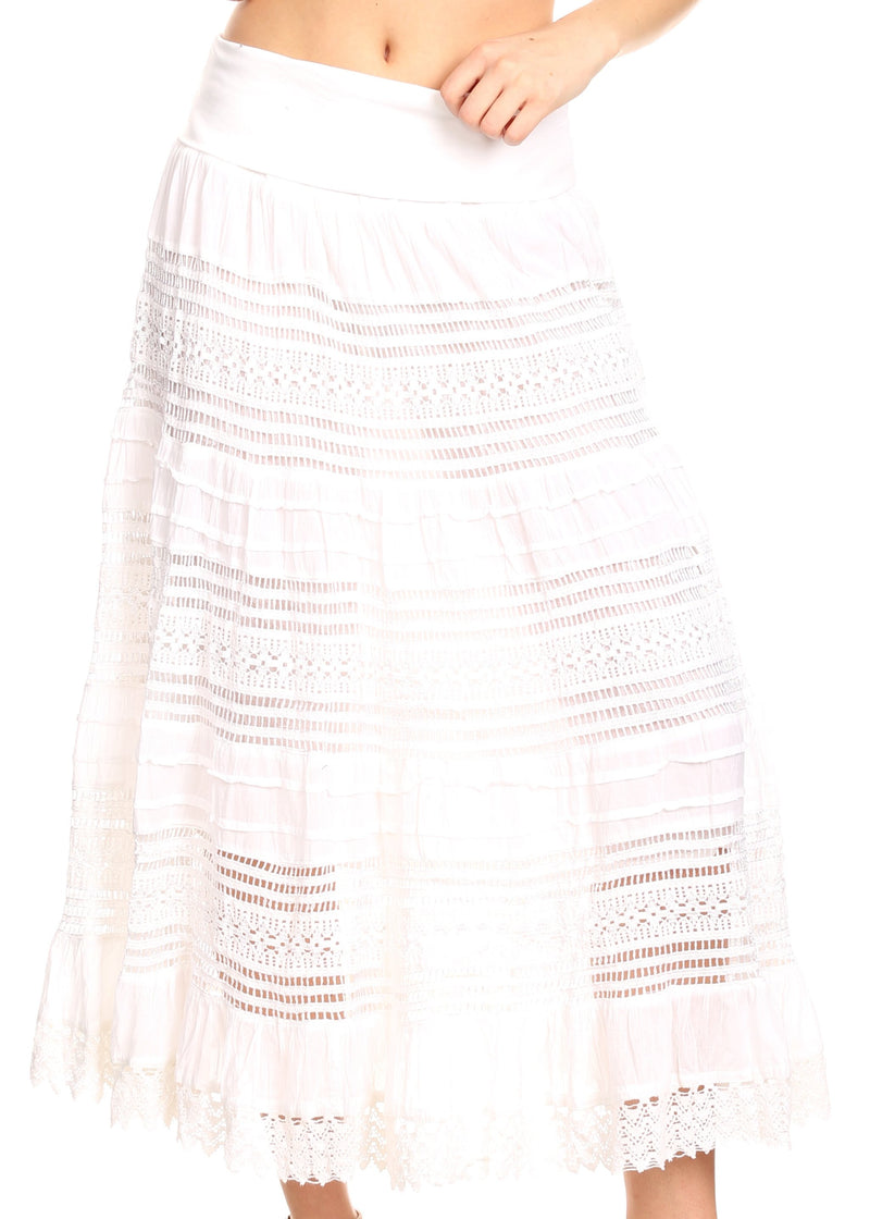 Sakkas Dollra Long Tall Crochet Embroidered Adjustable Waist Ruffle Flare Skirt