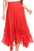 Sakkas Collina Boho Gypsy Dance Casual Lace Skirt Santorini Travel Summer #color_Red
