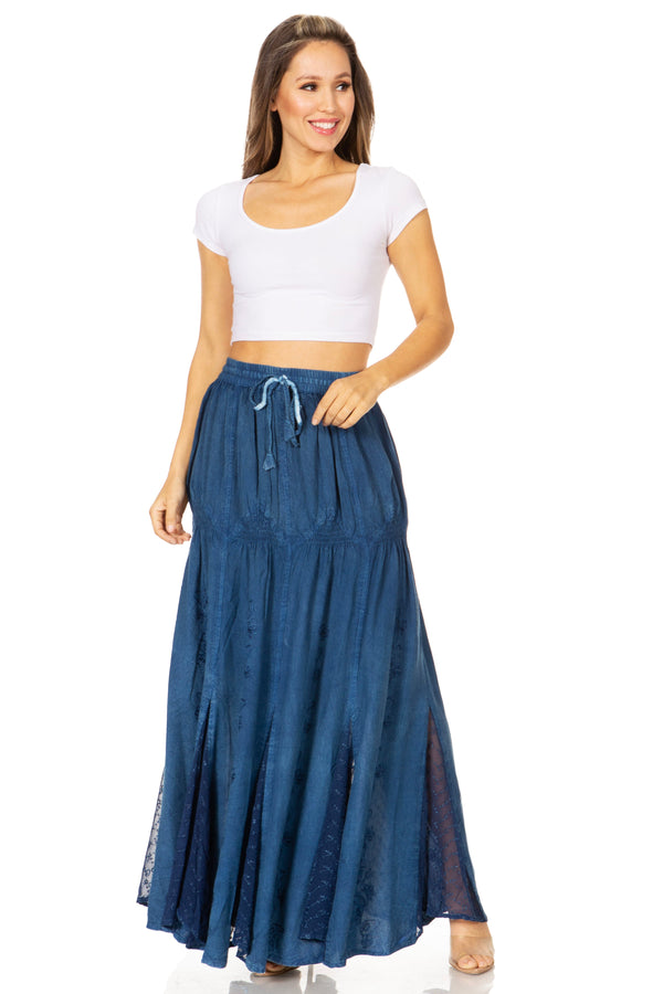 Sakkas Olivia Womens Maxi Bohemian Gypsy Long Skirt With Elastic Waist and Lace#color_Blue