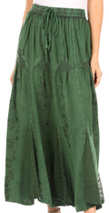 Sakkas Olivia Womens Maxi Bohemian Gypsy Long Skirt With Elastic Waist and Lace#color_Green
