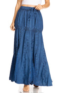 Sakkas Olivia Womens Maxi Bohemian Gypsy Long Skirt With Elastic Waist and Lace#color_Navy