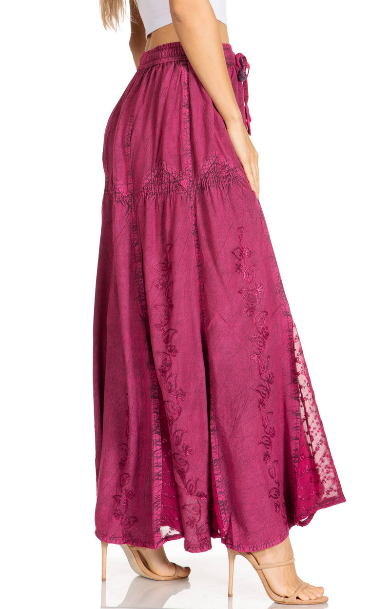 Sakkas Olivia Womens Maxi Bohemian Gypsy Long Skirt With Elastic Waist and Lace