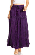 Sakkas Olivia Womens Maxi Bohemian Gypsy Long Skirt With Elastic Waist and Lace#color_Purple