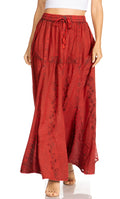Sakkas Olivia Womens Maxi Bohemian Gypsy Long Skirt With Elastic Waist and Lace#color_Red