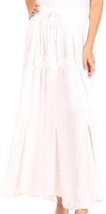 Sakkas Olivia Womens Maxi Bohemian Gypsy Long Skirt With Elastic Waist and Lace#color_White