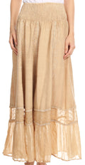 Sakkas Shamim Boho Maxi Long Skirt with Sheer Textured Panels W/ Smocked Waistband#color_Sand 