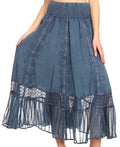 Sakkas Shamim Boho Maxi Long Skirt with Sheer Textured Panels W/ Smocked Waistband#color_Denim Blue 