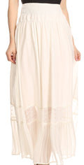 Sakkas Shamim Boho Maxi Long Skirt with Sheer Textured Panels W/ Smocked Waistband#color_Ivory 