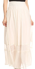 Sakkas Shamim Boho Maxi Long Skirt with Sheer Textured Panels W/ Smocked Waistband#color_Ivory