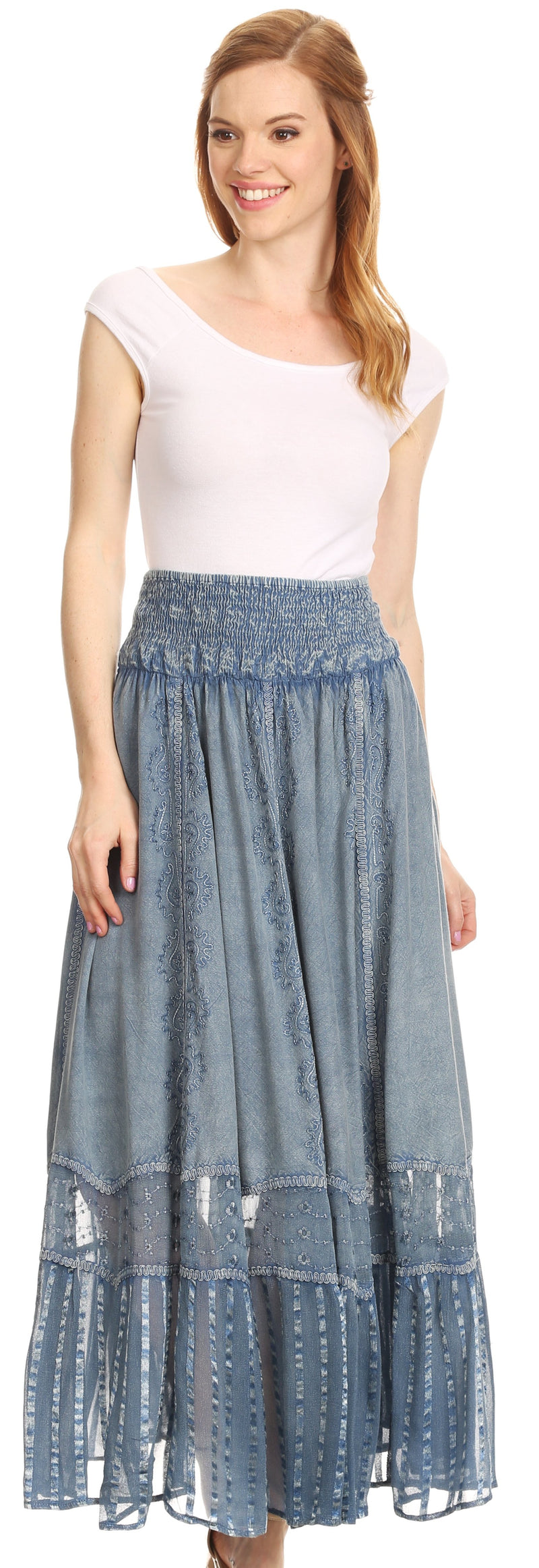 Sakkas Shamim Boho Maxi Long Skirt with Sheer Textured Panels W/ Smocked Waistband