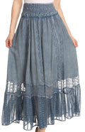 Sakkas Shamim Boho Maxi Long Skirt with Sheer Textured Panels W/ Smocked Waistband#color_Light Blue Denim 