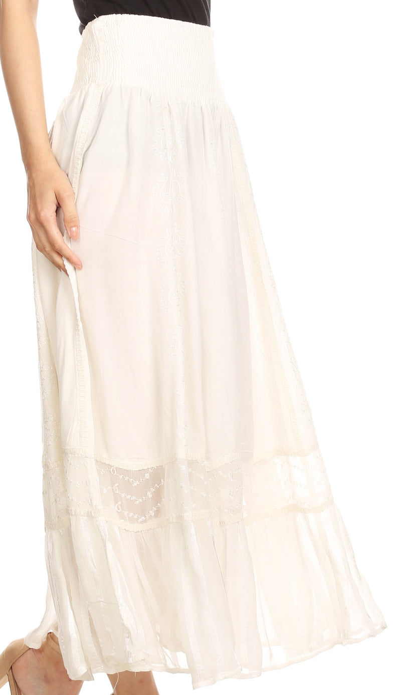 Sakkas Shamim Boho Maxi Long Skirt with Sheer Textured Panels W/ Smocked Waistband