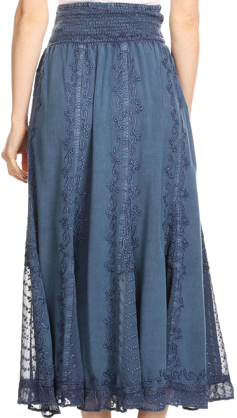 Sakkas Monola Long Tall Lace Embroidered Paneled Adjustable Waist Flare Skirt
