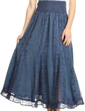 Sakkas Monola Long Tall Lace Embroidered Paneled Adjustable Waist Flare Skirt#color_AirForceBlue