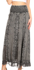 Sakkas Monola Long Tall Lace Embroidered Paneled Adjustable Waist Flare Skirt#color_Black/White