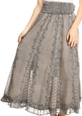 Sakkas Monola Long Tall Lace Embroidered Paneled Adjustable Waist Flare Skirt#color_Charcoal