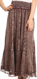 Sakkas Monola Long Tall Lace Embroidered Paneled Adjustable Waist Flare Skirt#color_Chocolate