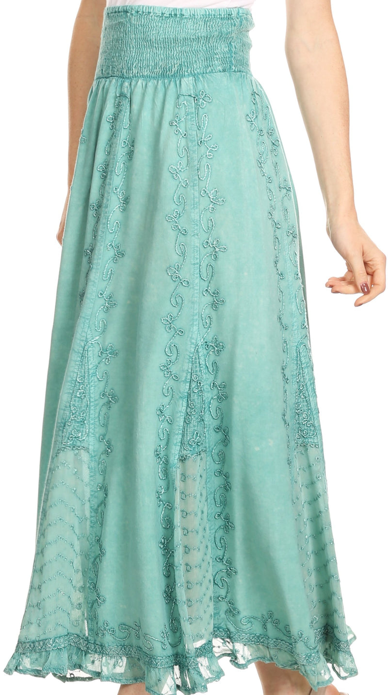 Sakkas Monola Long Tall Lace Embroidered Paneled Adjustable Waist Flare Skirt