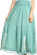 Sakkas Monola Long Tall Lace Embroidered Paneled Adjustable Waist Flare Skirt#color_Jade